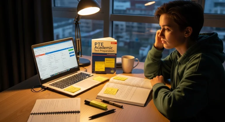 PTE sınavına hazırlanan öğrenci bilgisayar başında İngilizce çalışma yaparken